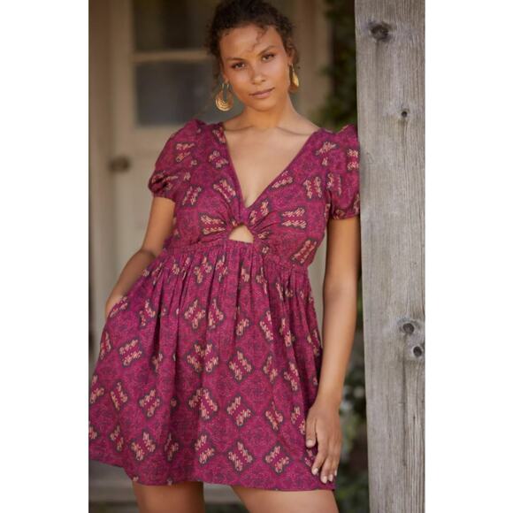 Anthropologie Boho Gauzy Short Sleeve Pullover Mini Dress Purple Size Small - Picture 1 of 12